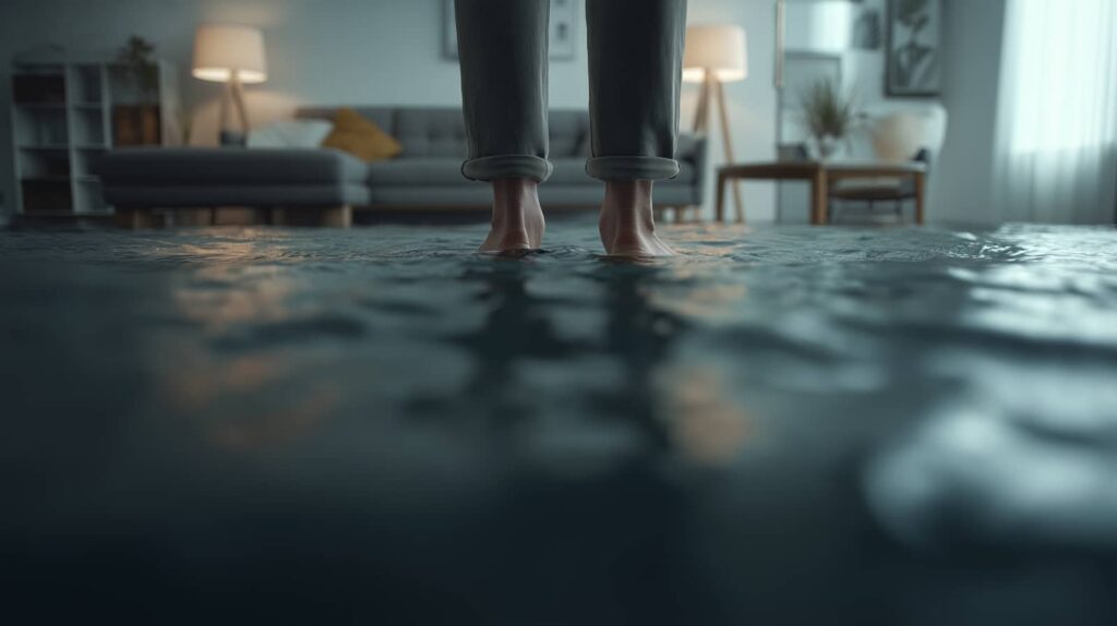 Bare feet standing in floodwater inside a living room.