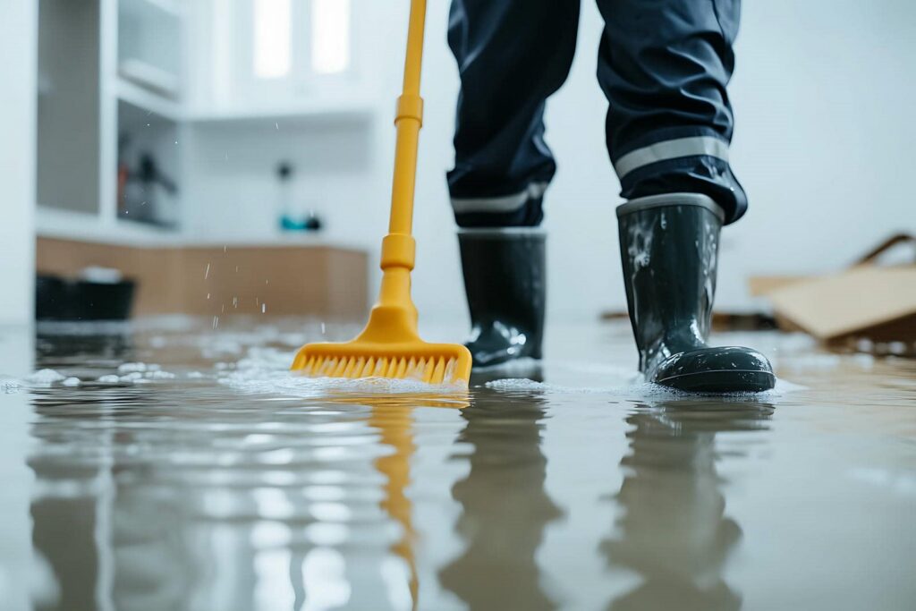 Person in black boots using a yellow mop to clean a flooded indoor floor.