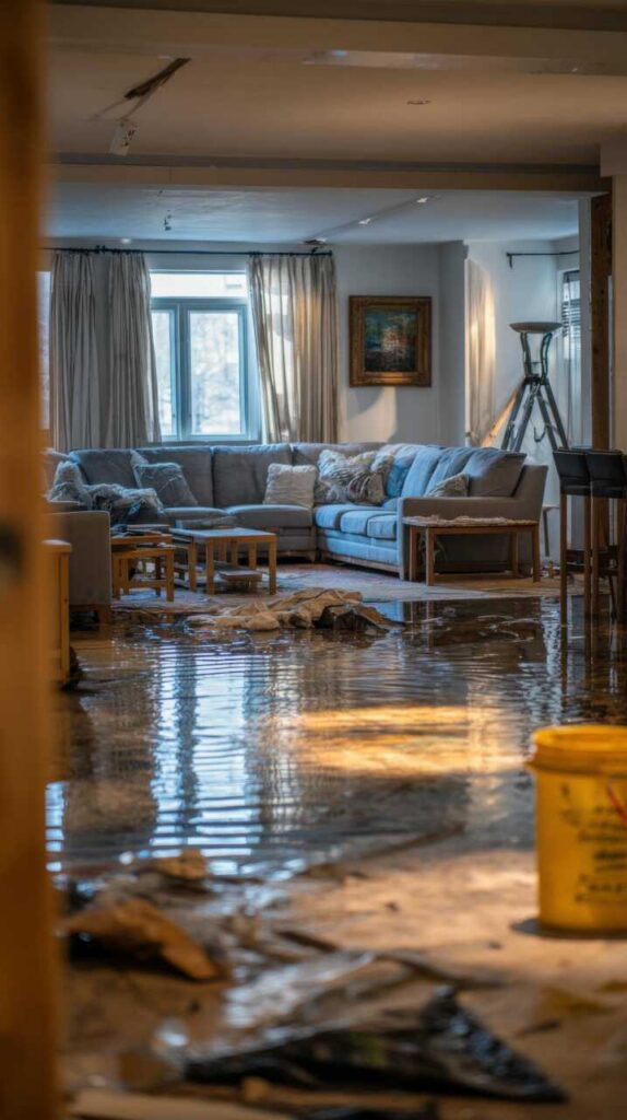 Living room flooded with water, furniture partially submerged, and a yellow bucket in the foreground.